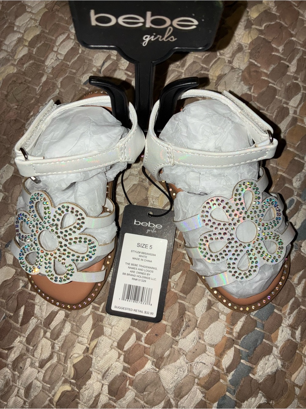 bebe Iridescent White Floral Gem Girls Sandals
